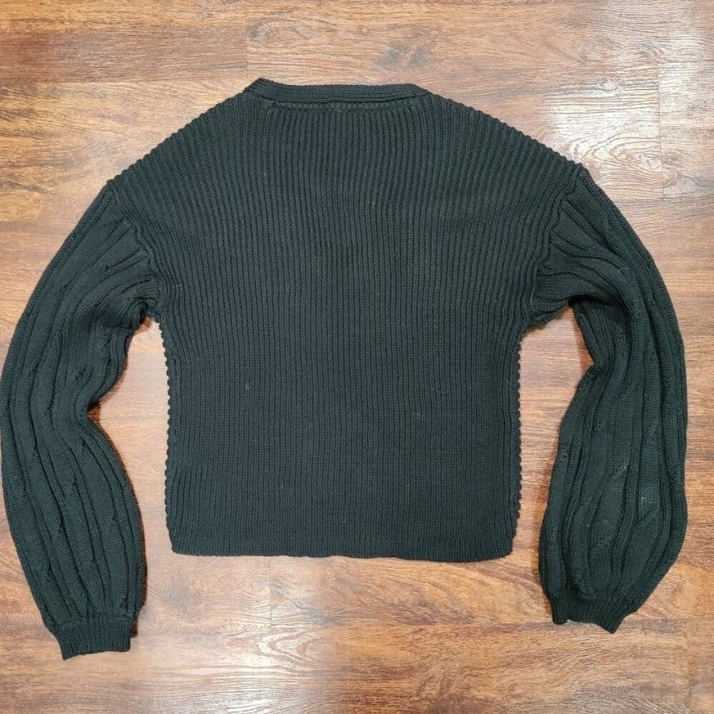Free People Solid Black Ribbed When It  Rains Cotton V-Neck Cropped Sweater S - Picture 3 of 11